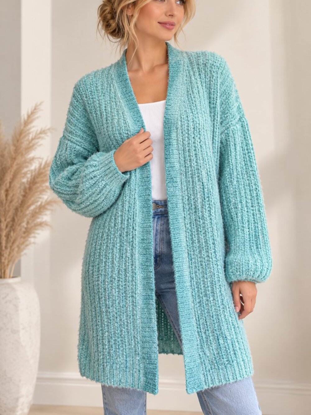 Handmade Mint Chunky Knit Long Cardigan Open Front Soft Ribbed Sweater